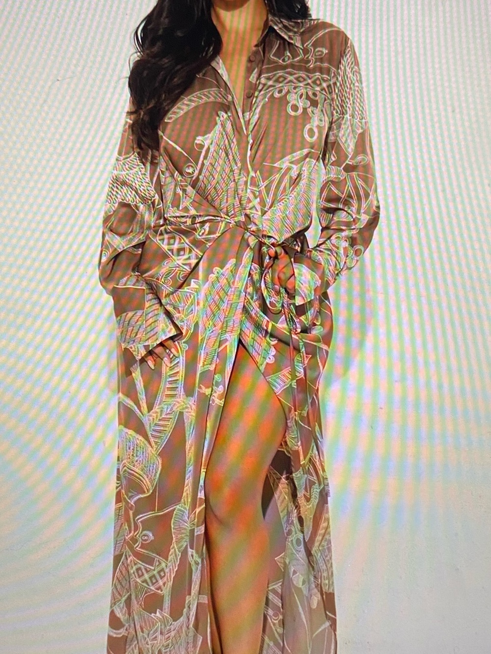 Fashion Nova Brown Printed Wrap Maxi Dress with Cream Motif/NWT